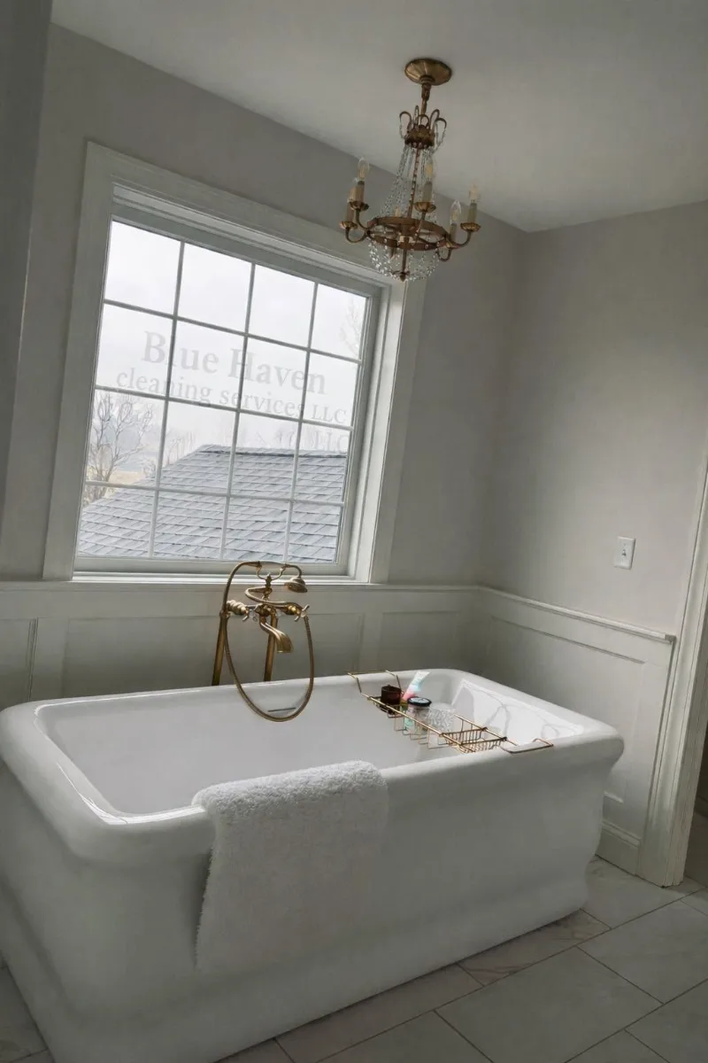 Freestanding bathtub and floor polished during a bathroom deep clean