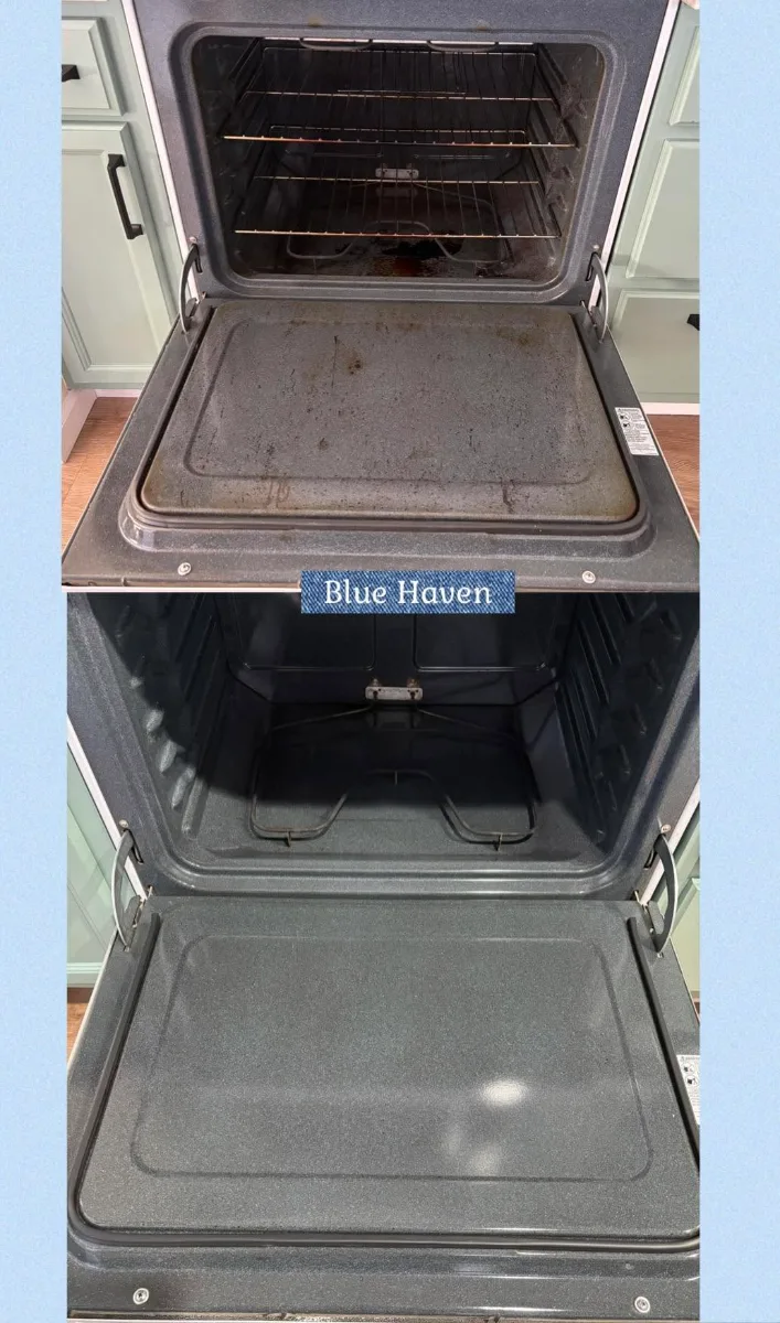 Greasy oven interior and door before and after a Blue Haven deep clean